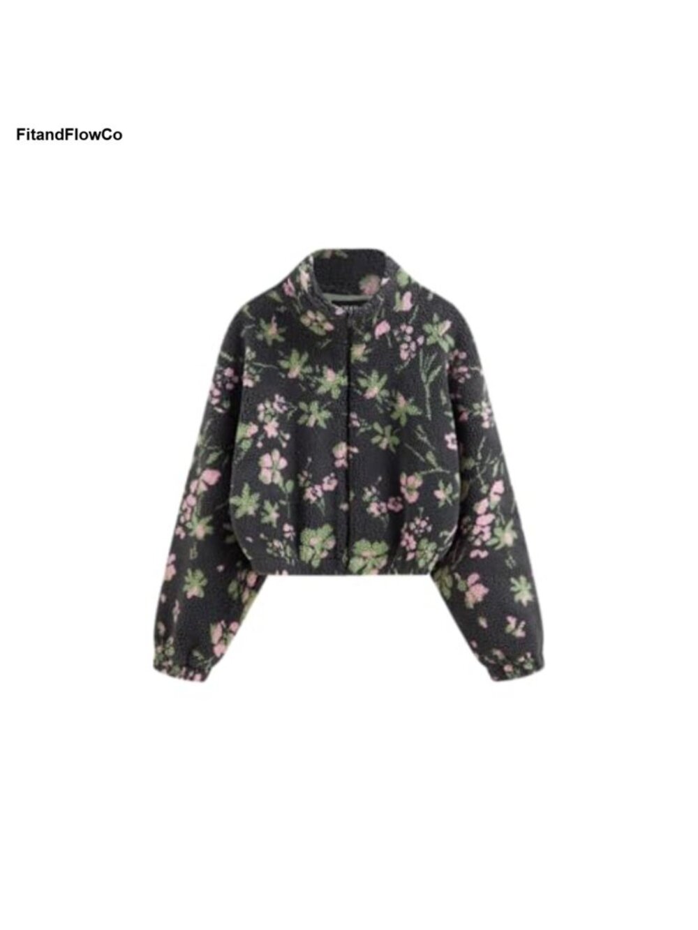 Sherpa Fleece Floral Geometric Zip Up Cropped Jacket Oversized Winter Coat